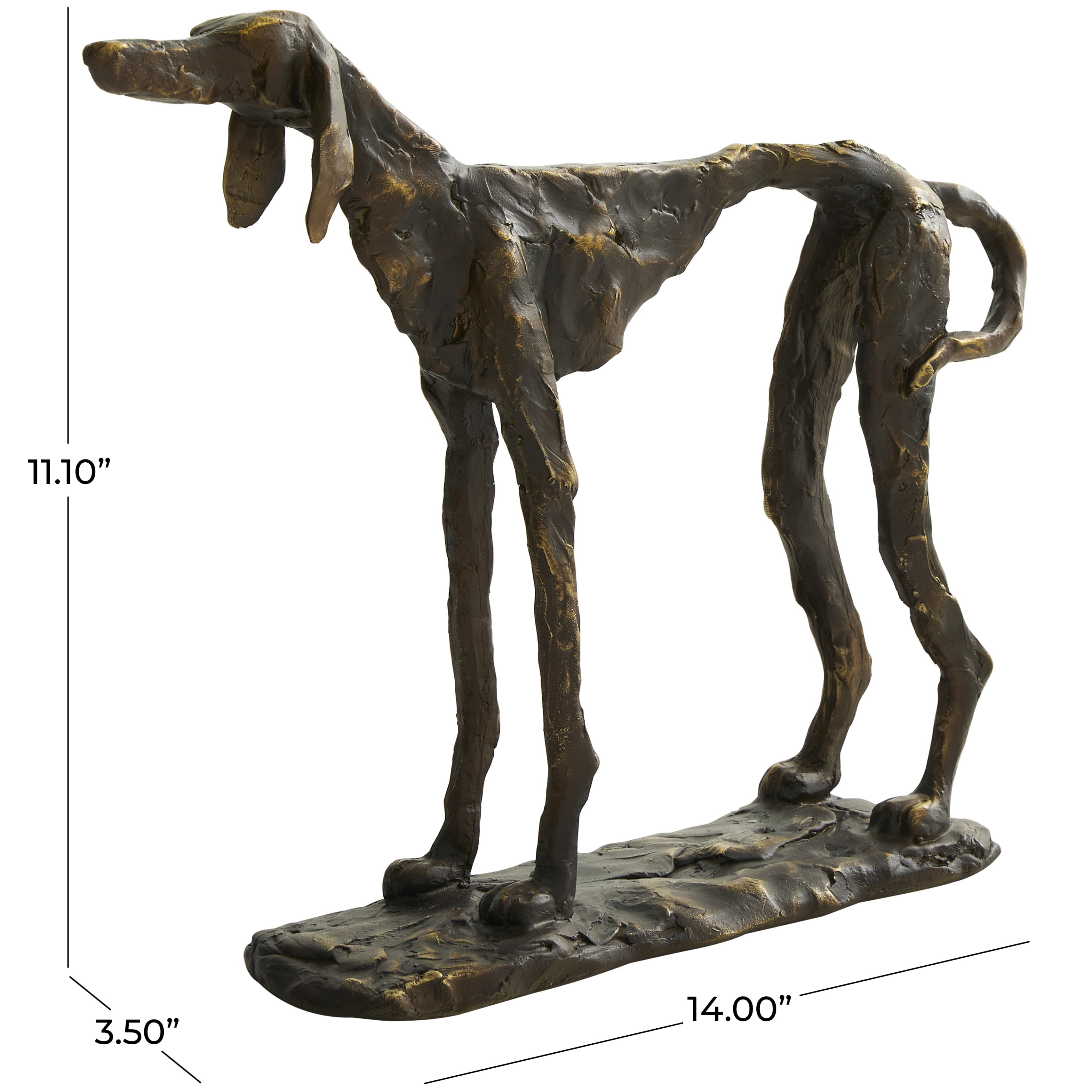 14" x 11" Bronze Polystone Distressed Slim Frame Dog Sculpture with Gold Accents, by DecMode