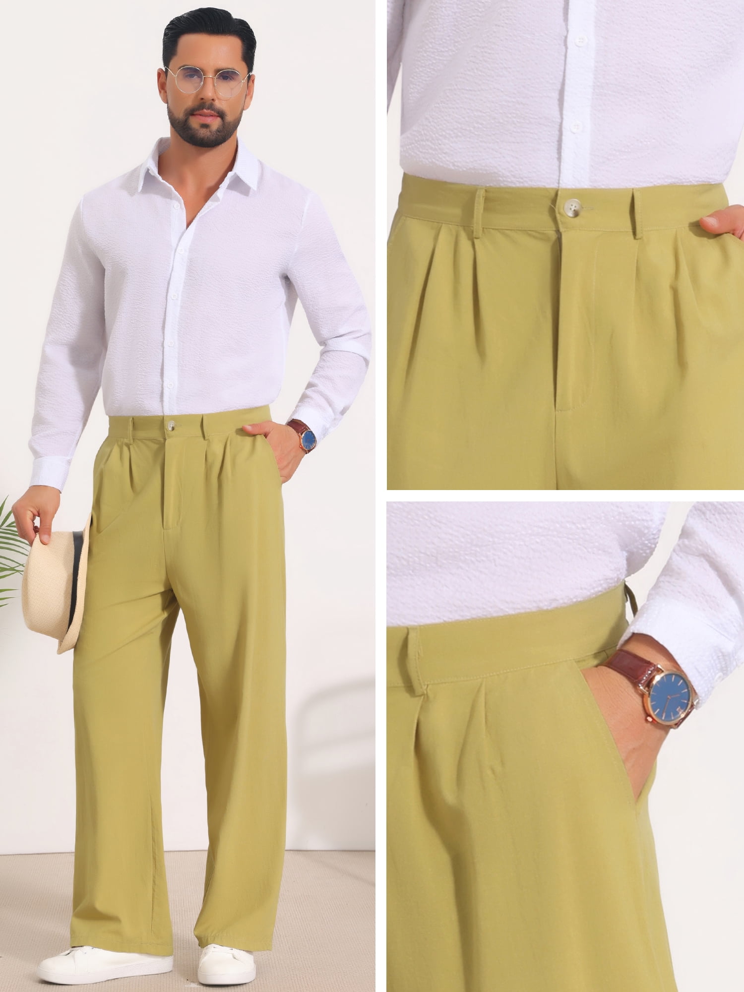 DARING DIVA Men's Lightweight Breathable Linen Pleated Pants with Side Pockets 38 Olive Green