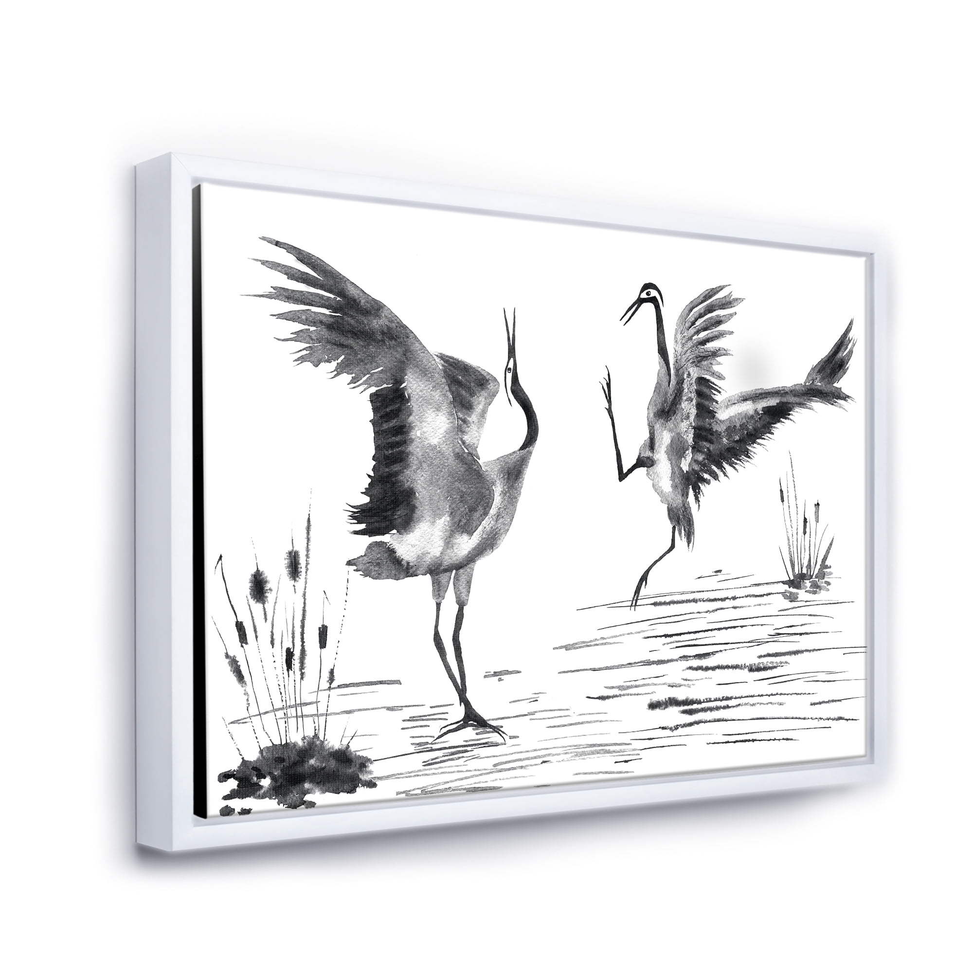 Monochrome Two Enamored Japanese Cranes Birds 32 in x 16 in Framed Painting Canvas Art Print, by Designart