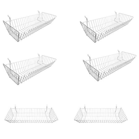 - 6 Pc White Large Double Sloping Basket Slatwall Gridwall Pegboard Rack Fixture