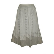 Mogul Women's Stonewashed Skirt Beige Embroidered Elastic Waist Peasant Skirts