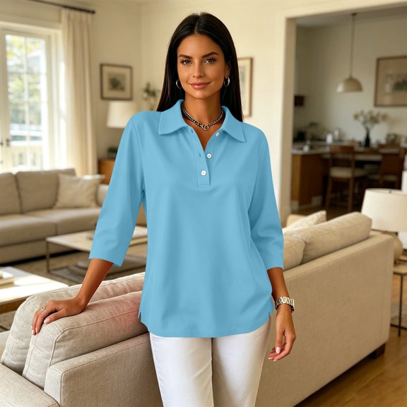 Womens Polo Shirts 3/4 Sleeve Solid Color Button Lapel Collar Business Casual Golf Tops Sky Blue XL