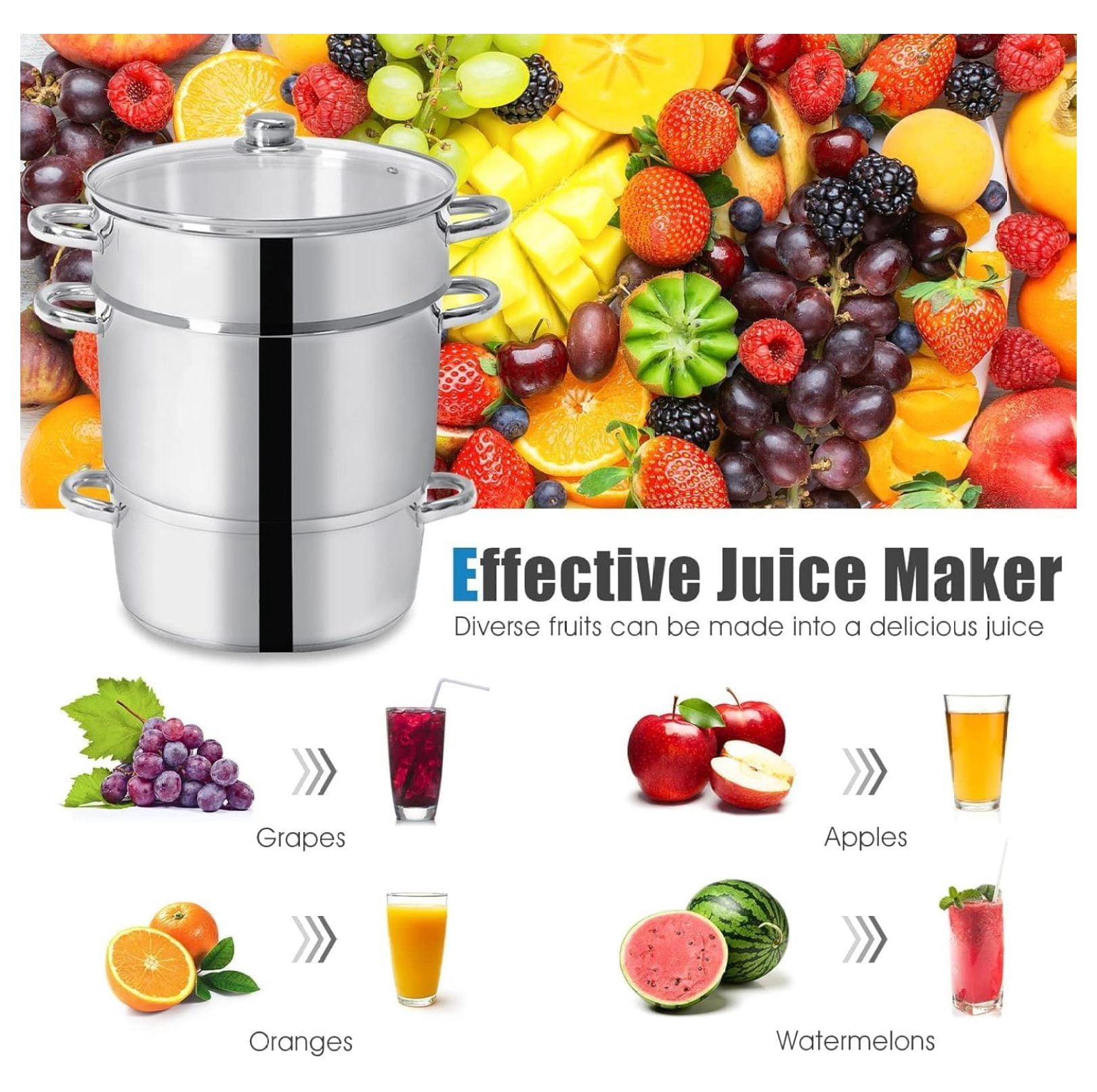 11-Quart Juicer Stainless Steel, Steamer Extractor Pot for Fruit Vegetable Canning with Tempered Glass Lid, Hose, Clamp, Loop Handles, Silver