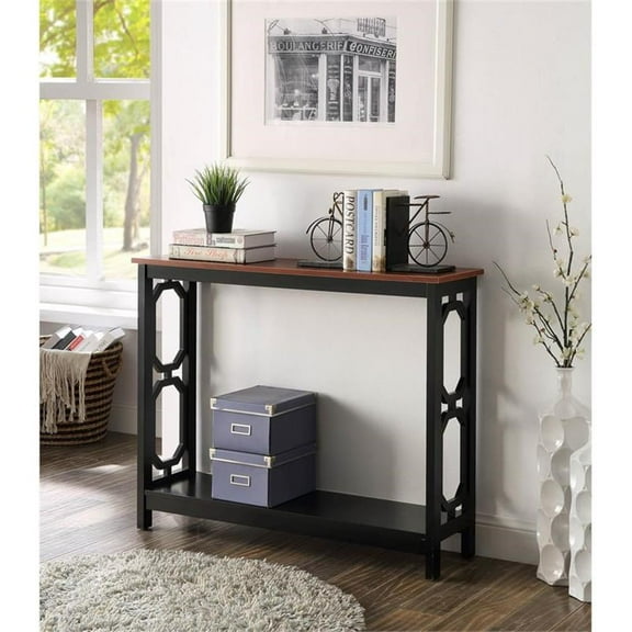 Pemberly Row Contemporary Console Table in Cherry and Black Wood Finish