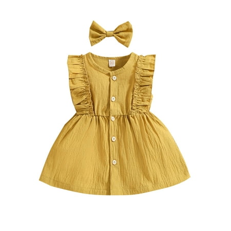 

Yinyinxull Kids Baby Girls Summer Sleeveless Dress Solid Ruffle Pleated Dress+Bow Headband 2Pcs Clothes Sets Ginger Yellow 3-4 Years