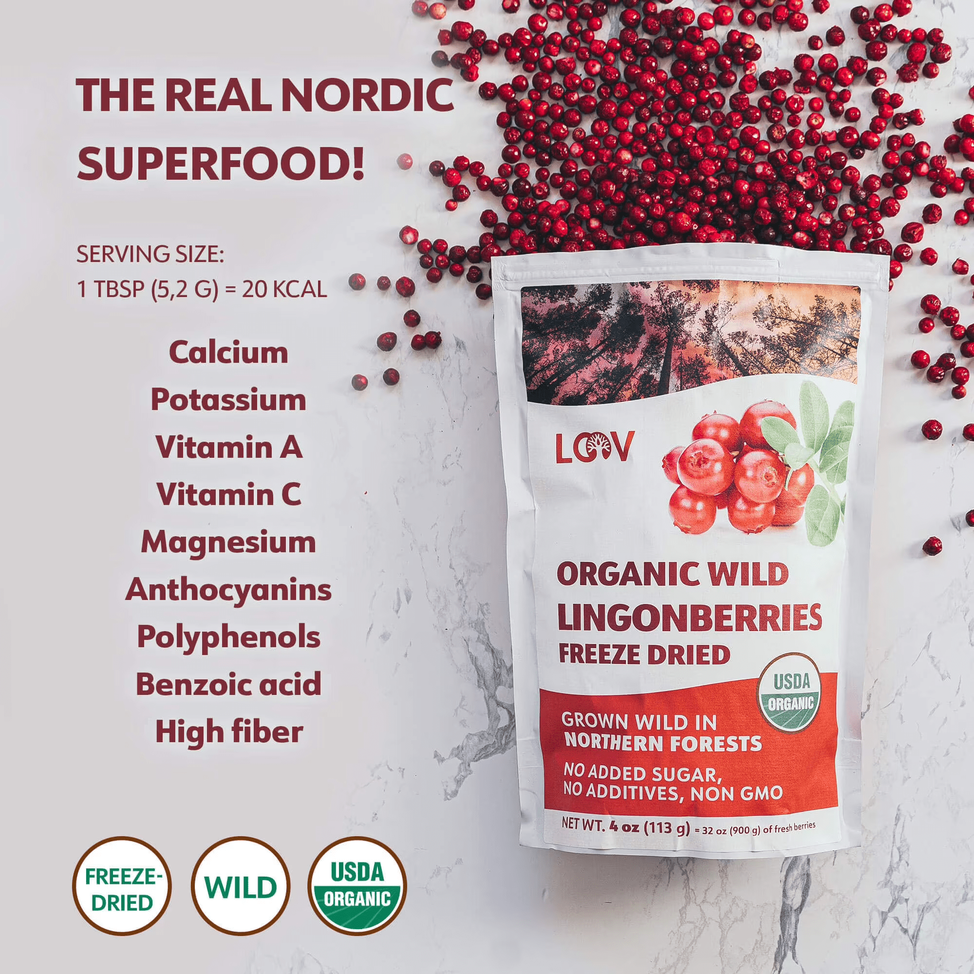 LOOV Freeze Dried Organic Wild Lingonberries, 23-Day Supply, No Sugar Added, Tart Berry Flavor