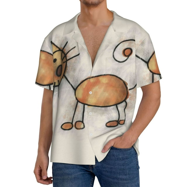 Fotbe Brown Cat Cartoon Camisa Estampada de Manga Corta para Hombre, Casual de Verano, Estilo Playero, Sin Arrugas-Medium