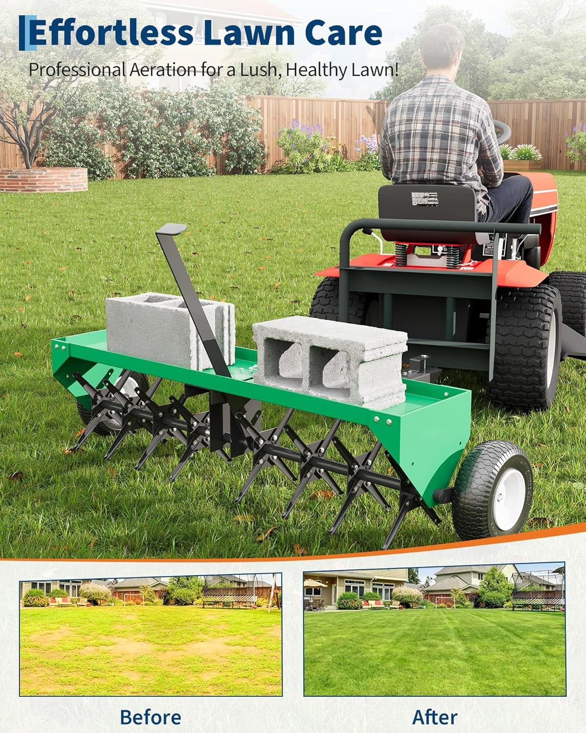 Acekid 48 Inch Tow Behind Lawn Plug Aerator - Galvanized Steel with Universal Hitch & Inflatable Wheels