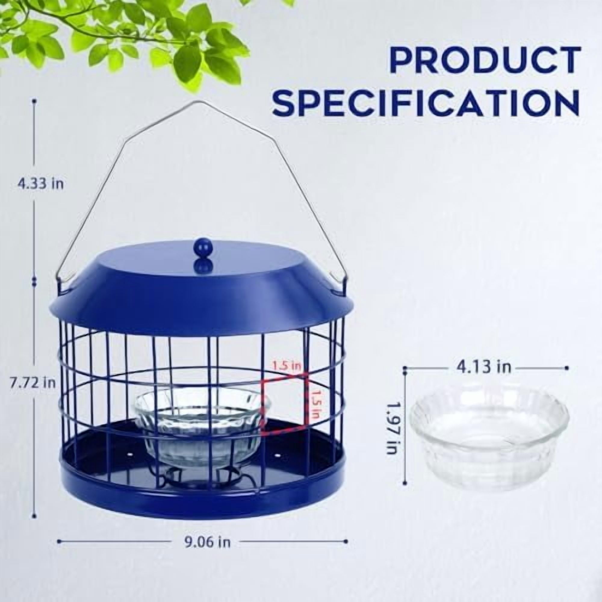 Caged Bluebird Feeder for Mealworms with Glass Bowl, Squirrel Proof Bird Feeder for Small Birds Only, Detachable Hook, Large Space, Outdoors Weatherproof, Metal, Blue