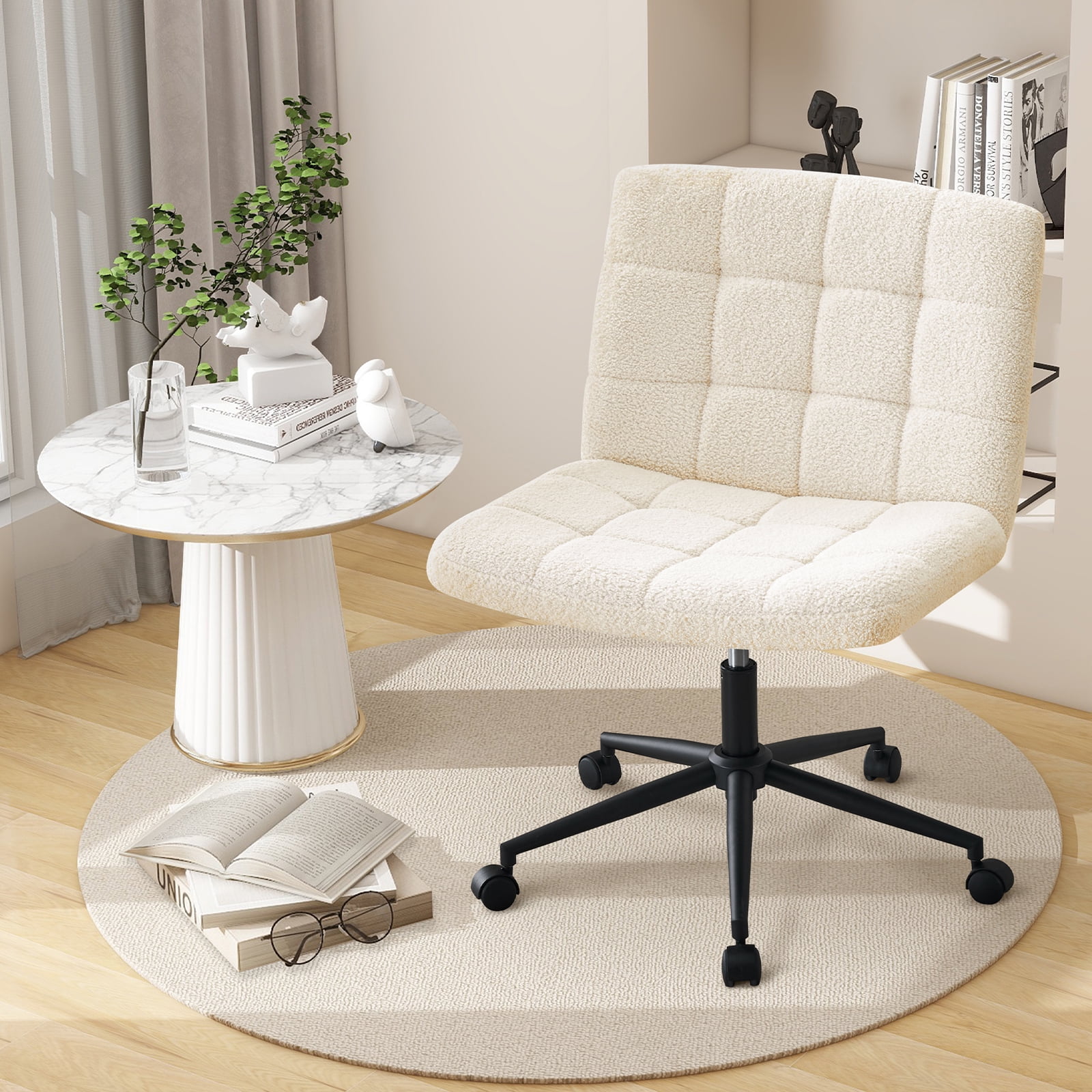 Modern Armless Home Office Chair Wide Desk Chair with Wheels for Home Office, Bedroom, Ivory white