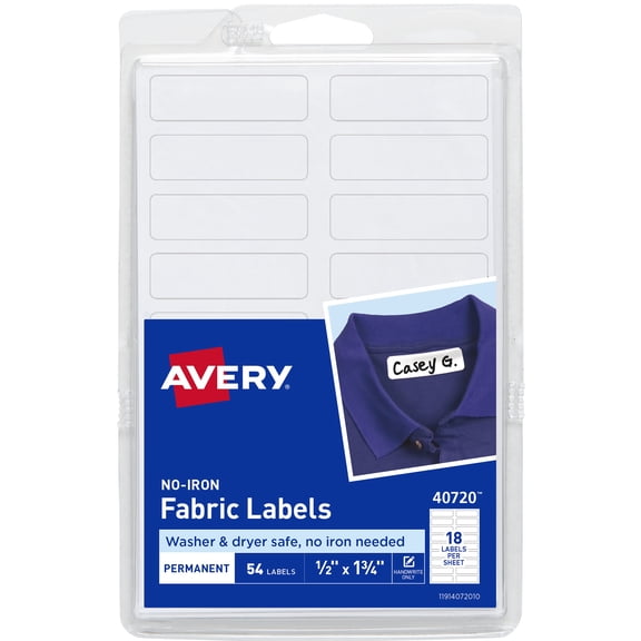 Avery No-Iron Fabric Labels, 1/2" x 1-3/4", Film Material, White, Handwrite, 54 Labels