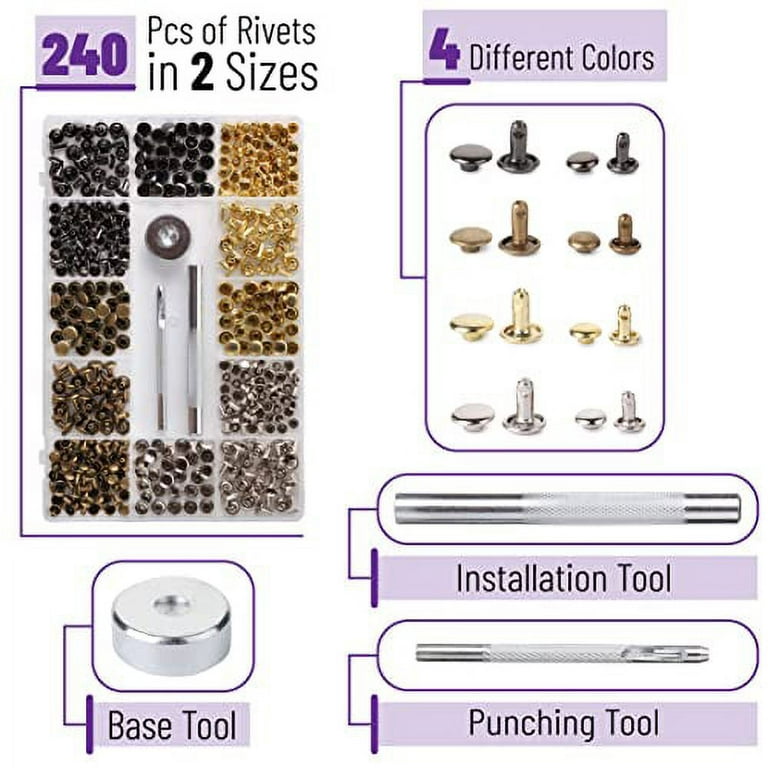Alritz 240 Sets Leather Rivets, Double Cap Rivet Tubular 4 Colors 2 Sizes  Metal Studs with Fixing Tools for DIY Leather  Craft/Clothes/Shoes/Bags/Belts