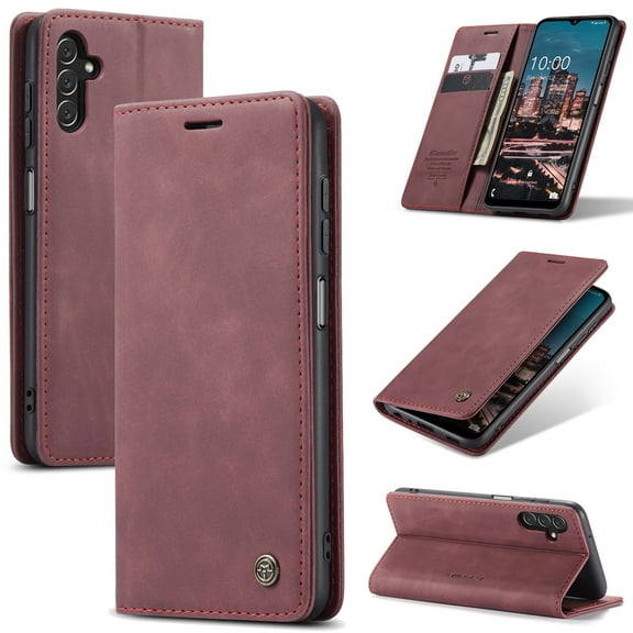 Feishell Slim Wallet Phone Case for Samsung Galaxy A13 5G 6.5 inch,Premium PU Leather Magnetic Closure Folio ID Credit Card Slots Shockproof Protective Flip Kickstand Phone Cover,Winered