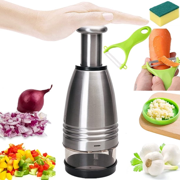 Picadora de alimentos manual de mano, cortadora en dados, procesador de alimentos, cortador afilado de acero inoxidable, picadora de prensa de golpe para frutas, verduras, ajo, nueces o ensaladas