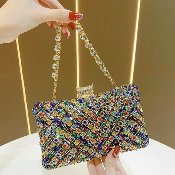 Women's Zircon Embellished Evening Clutch Purse with Chain, Dressy Shoulder Bag for Wedding Party Prom Gala multicolor