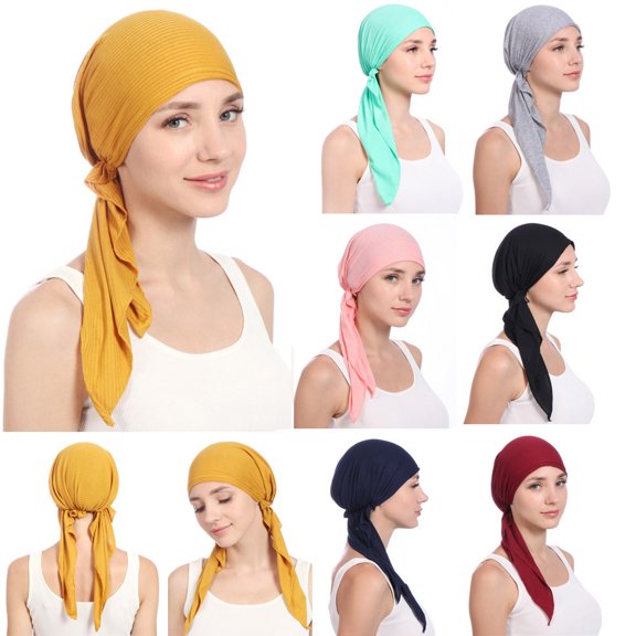 Stretch Turban Head Scarf for Women Cotton Muslim Style Braided Tail Wrap