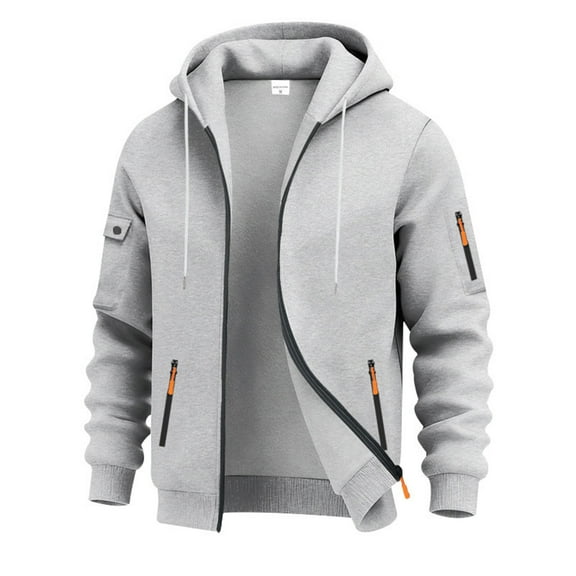 Men's Cargo Full Zip Hoodie with Drawstring Multi Zipper Pockets Fleeced Outdoor Jackets Sweatshirt Light Gray 3XL