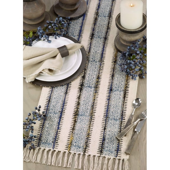 Fennco Styles Embroidered Block Print Tasseled Cotton Table Runner