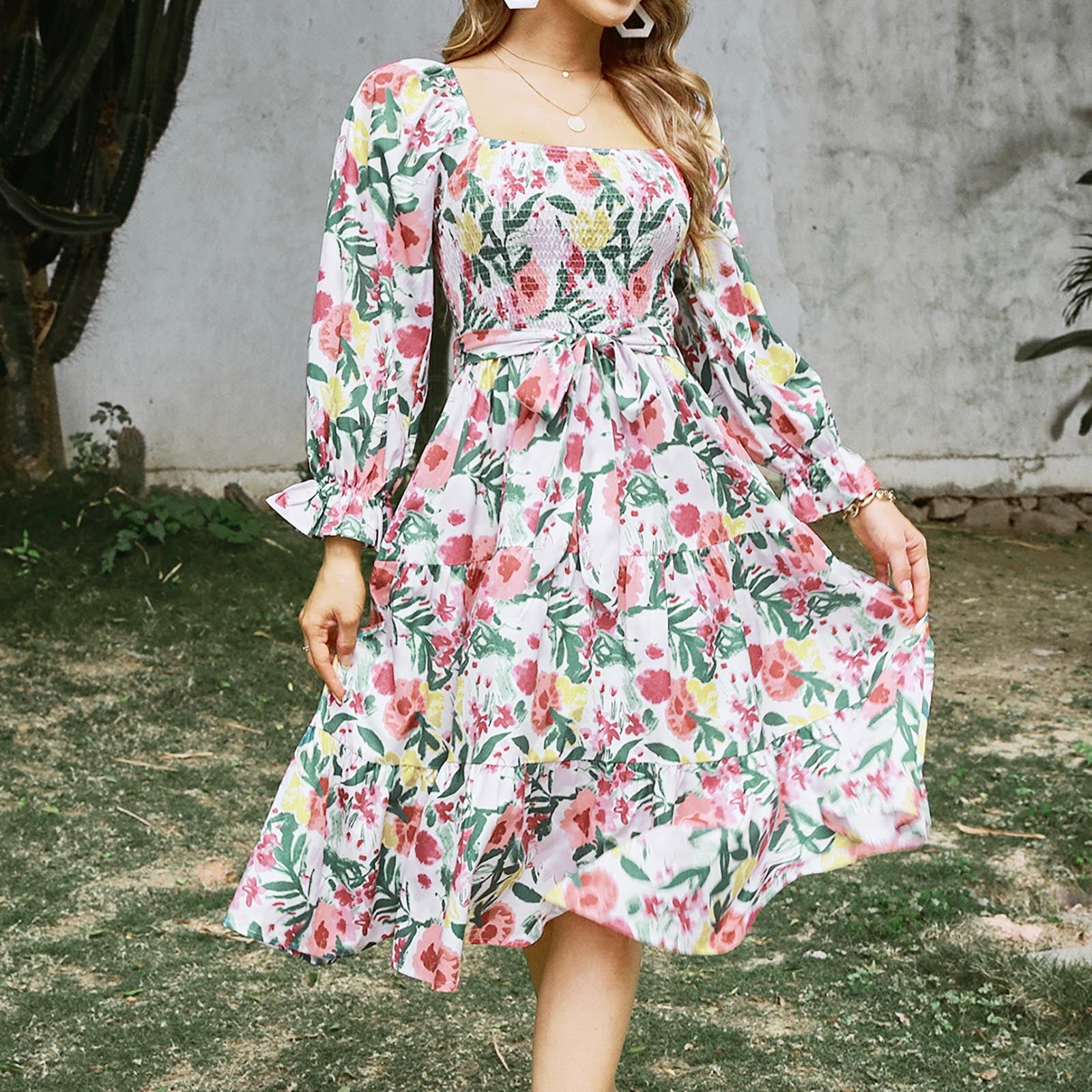 long sleeve knee length floral dress Women's Fall Square Neck Casual Dress Long Sleeve Smocked Ruffle A Line Knee Length Dresses Floral Print Chiffon Dress