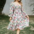 thumbnail image 2 of Women's Fall Square Neck Casual Dress Long Sleeve Smocked Ruffle A Line Knee Length Dresses Floral Print Chiffon Dress, 2 of 7
