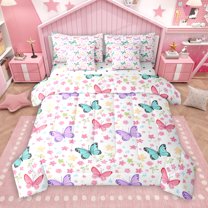 Manfei Chic Butterfly 7pcs Bedding Comforter Set,Rainbow Rustic Floral Queen Bedding Sets,Purple Blue White Queen Sheet Sets For Girls Kids,Breathable Home Decor Reversible