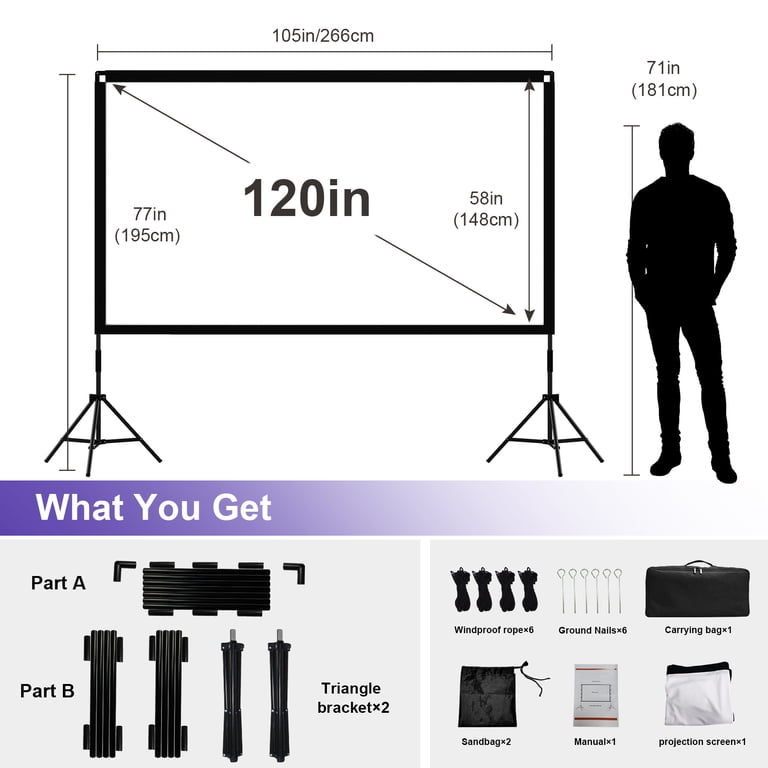 Florascent Outdoor Projector Screen with Stand 120 inch 16:9