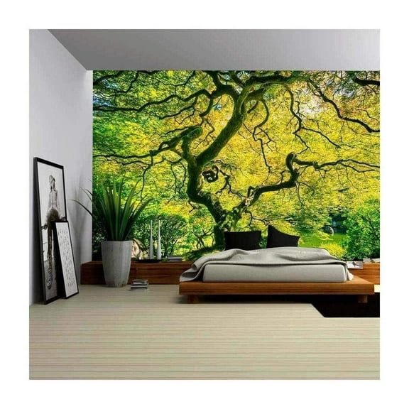 wall26 - Amazing Green Japanese Maple Tree, Nature Garden - Removable Wall Mural | Self-Adhesive Large Wallpaper - 66x96 inches