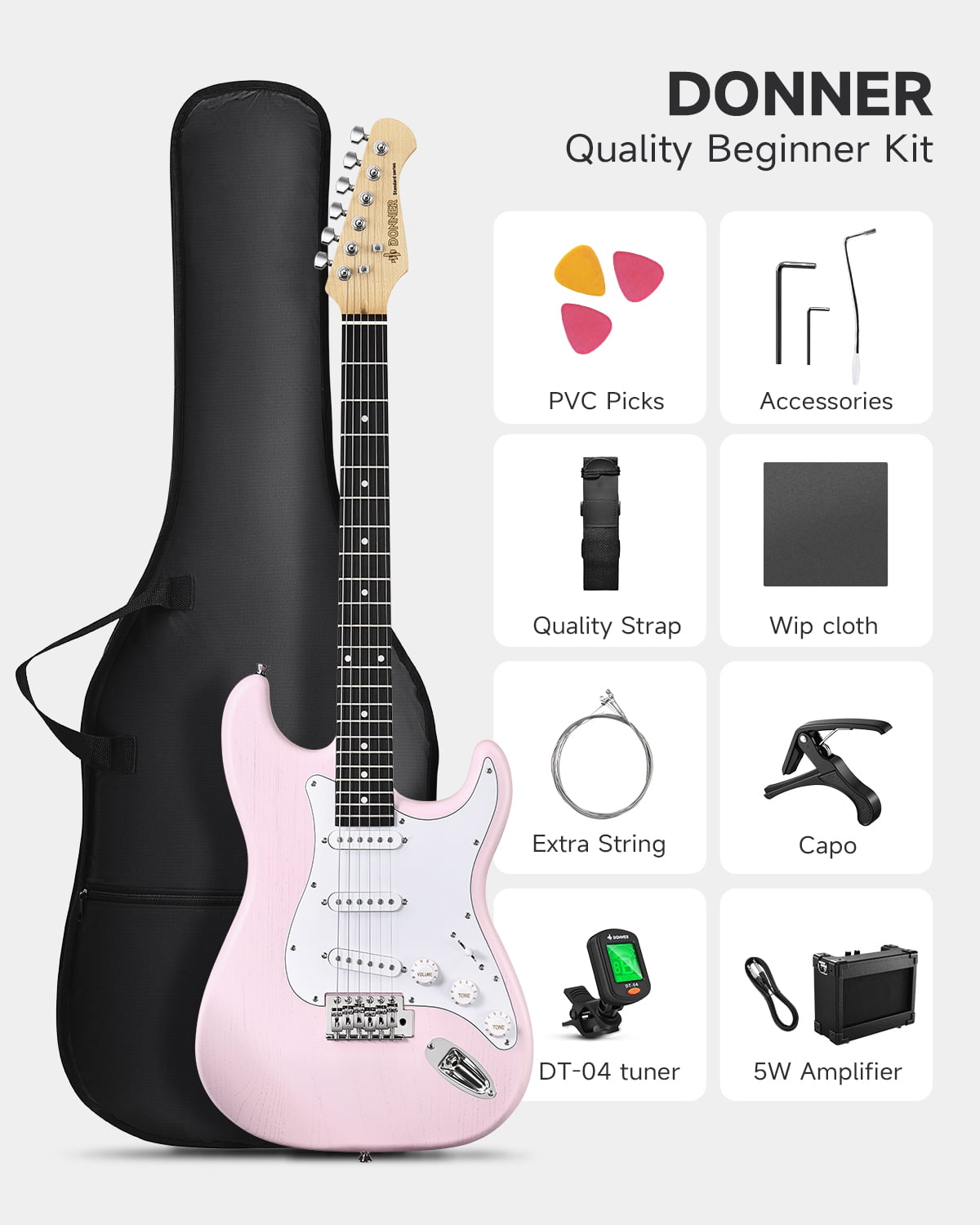 Donner Electric Guitar Set Pink Right Hand S-S-S Pickups Beginners Kits, Pink