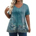 thumbnail image 2 of ADSSDQ Cute Plus Size Tops Dressy Casual V-Neck Teacher Shirt Boho Floral Western Graphic Tees For Women Short Sleeve Blouse Womens Summer Clothes Fall Fashion 2024 Cyan 3XL, 2 of 7