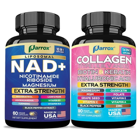 Parrox Forever Young Set with Liposomal NAD, Nicotinamide Riboside, Magnesium, Resveratrol, Lion’s Mane, Collagen Peptides Types I II III V X, Biotin, Keratin, Hyaluronic Acid, Zinc & Quercetin