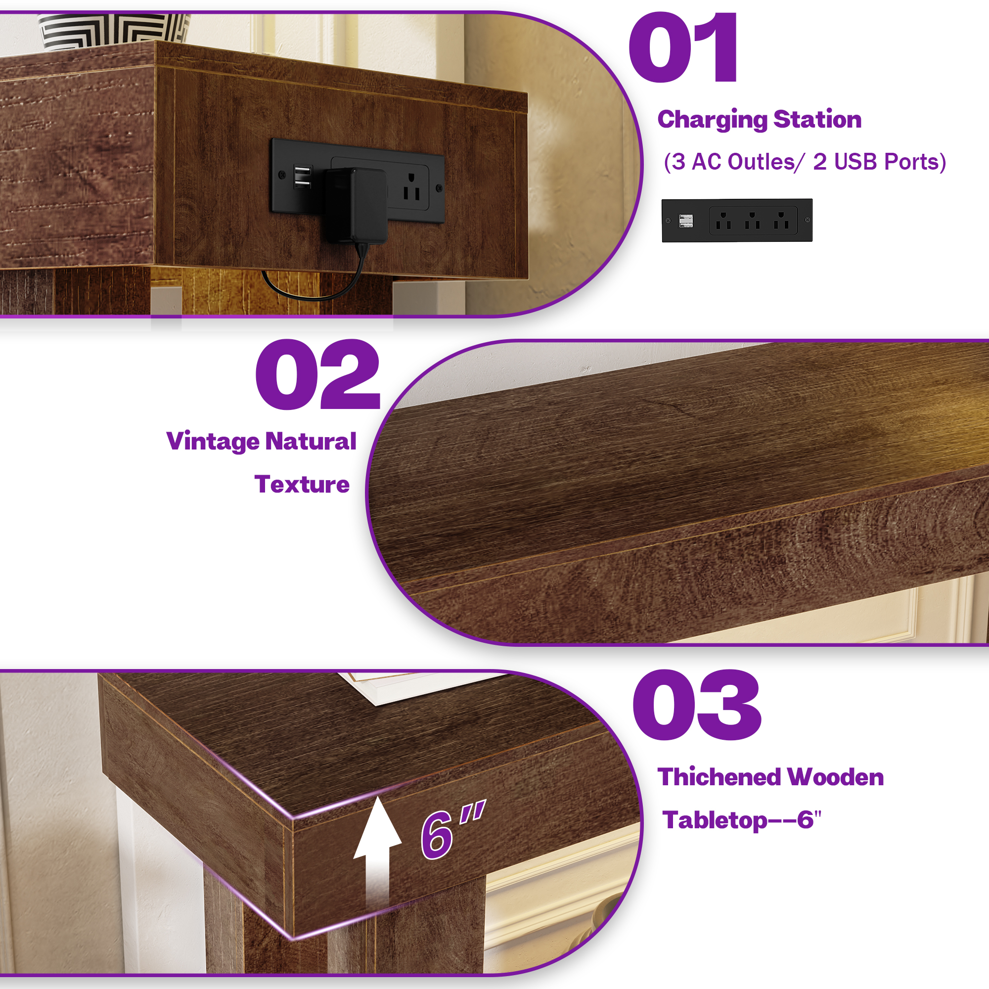 Homieasy 47" Console Table with Socket & Sensor Light, Narrow Entryway Table with Storage for Hallway/Living Room, Farmhouse Style in Rustic Oak