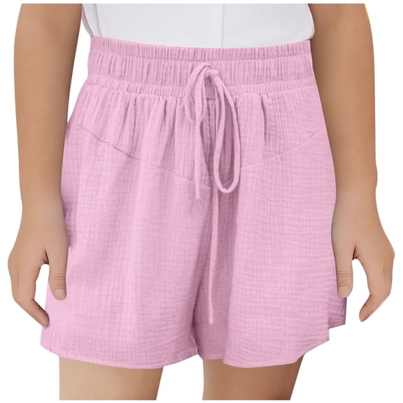 FAIWAD Girls Summer Linen Shorts Kids Casual Drawstring Elastic Waist Beach Workout Athletic Short Pants 3-13Years
