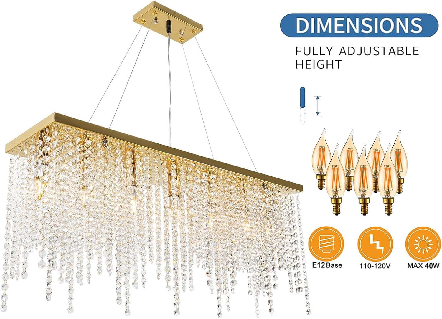 31.5" Linear Modern Crystal Chandelier Luxury Gold Rectangle K9 Crystal Raindrop Chandelier Contemporary 7-Light Ceiling Pendant Lighting for Living Room Kitchen Island Entryway Foyer