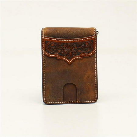 Ariat A3532308 Western Mens Money Clip with Bifold Leather Floral Embossed, Tan
