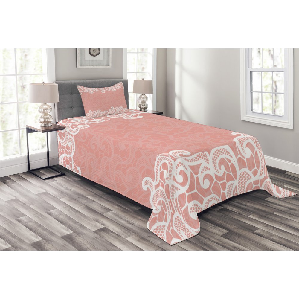 Peach Bedspread Set, Lace Design on Soft Colored Background Ornamental