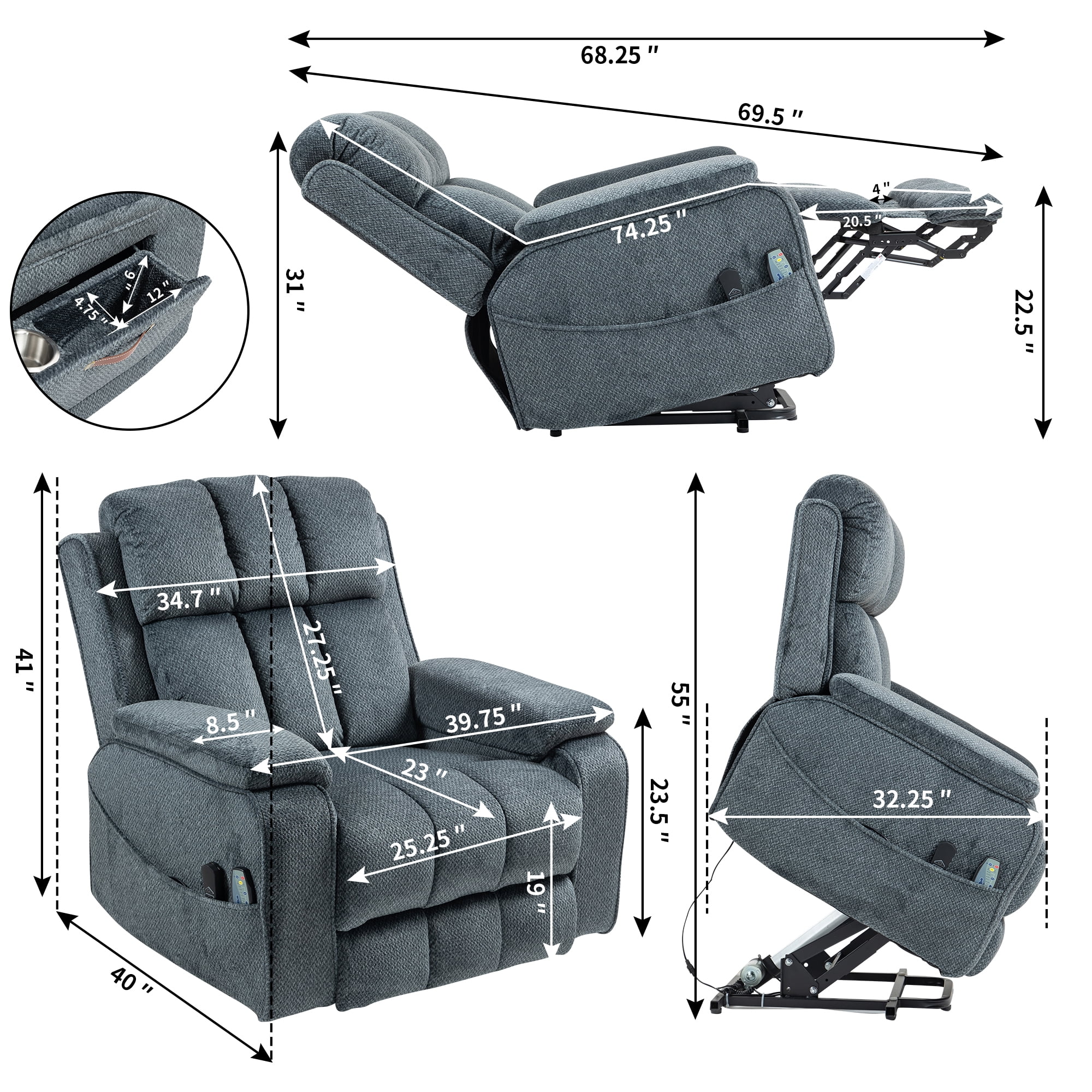 LITVZ Power Lift Recliner Chairs for Elderly Big Man 400lbs, Oversized Lay Flat Recliner with Heat & Massage, Extended Footrest and Side Storage Cup Holder for Adults Seniors