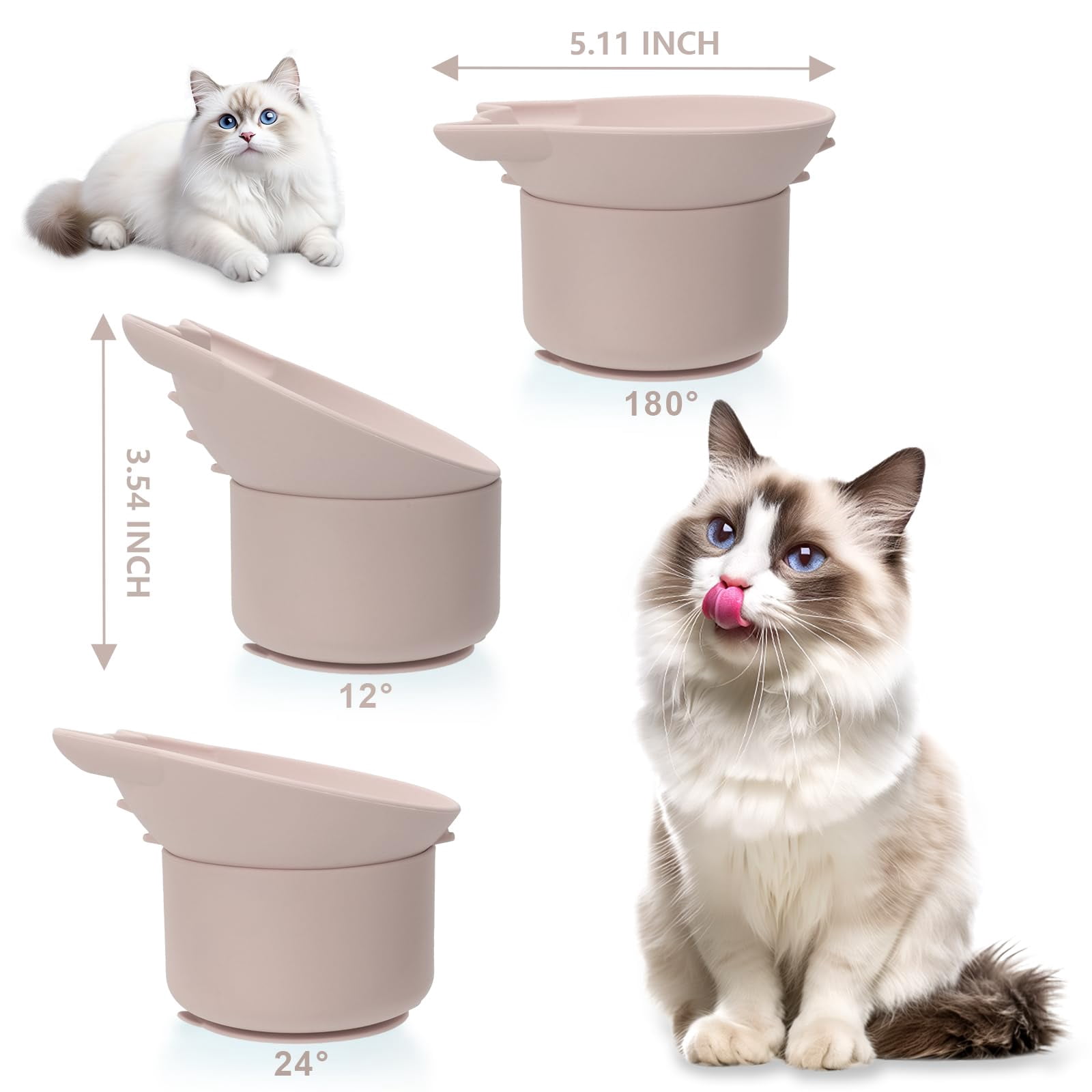 Silicone Cat Slow Feeder, Elevated Slow Feeder Bowl Tilt Design, Suitable for Dry and Wet Food, Adjustable Angle, Cat Food Puzzle with Suction Cup(Gray)