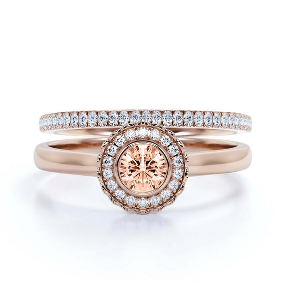 Beautiful 1.60 Carat Round Cut Morganite And Diamond Moissanite Engagement Ring, Floral Halo Wedding Ring, One Matching Band in 18k Rose Gold Plating, Bridal Rings, Gift For Her,Promise Ring