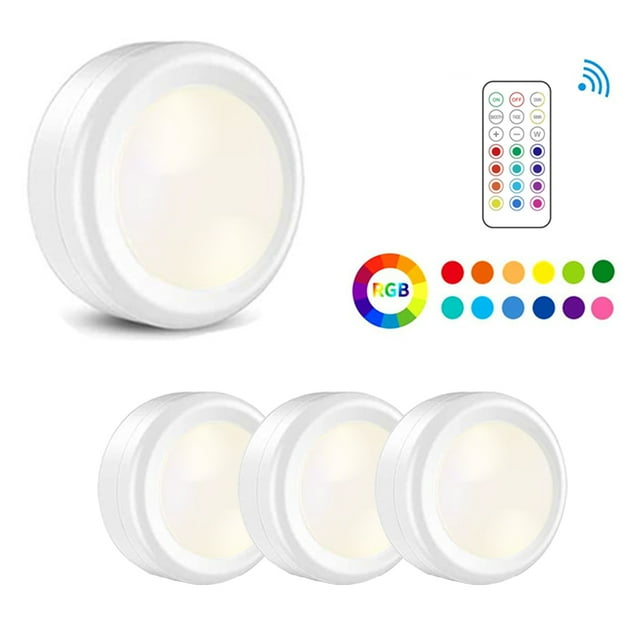 Rewera Foco LED a pilas con mando a distancia, paquete de 3 focos LED, iluminación de vitrina, iluminación inalámbrica para armarios, luz regulable debajo del mueble, lámpara táctil LED con batería