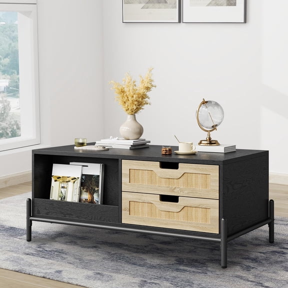 TROPOW Coffee Table with Storage, Mid Century Modern Coffee Table, Finish Fluted Sliding Door Cabinet, Rustic Living Room Table with Open Shelf, Walnut