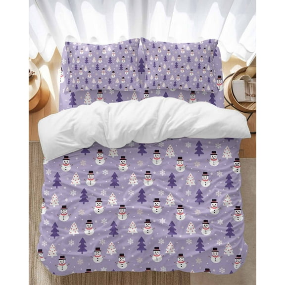 Christmas Purple Bedding Duvet Cover Set Twin Size 4 Pieces Cartoon Snowman Xmas Tree Snowflakes Bedding Set with Zipper Closure, 1 Comforter Cover 68x86 Inches 1 Flat Sheet & 2 Pillow Cases