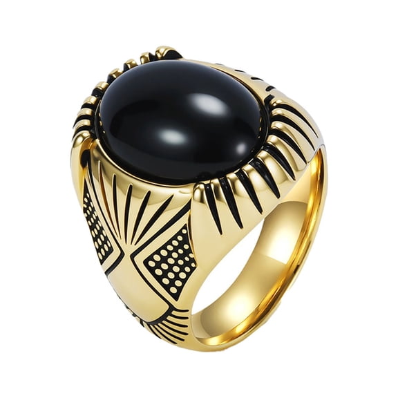 PAURO Gemstone Rings for Men Stainless Steel Cool Black Silver Gold Plated Punk Vintage Oval Personalized Statement Dainty Jewelry Gold Size 7
