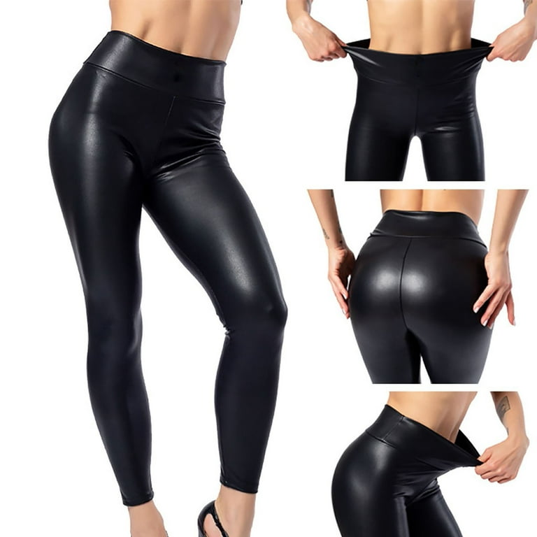 Pgeraug leggings for women Butto Leggings Leather Wet Look Shiny Disco High  Waist Trouser pants for women Black 2XL 