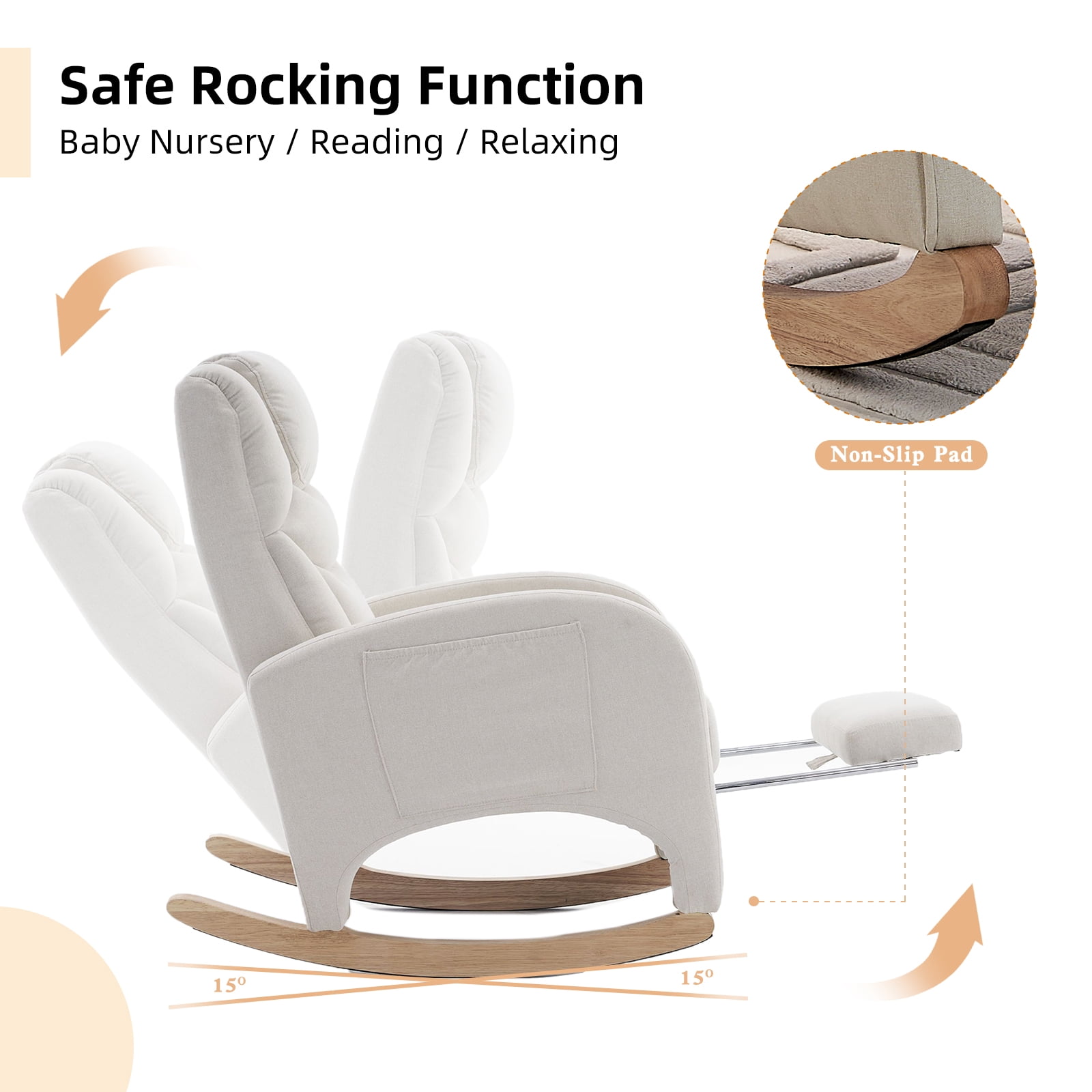 ALAKFORM Rocking Chair Nursery with Foot Rest,Cotton Linen Glider Rocker with Wood Legs, Nursing Rocking Chair Indoor for Living Room/Nursery,Beige