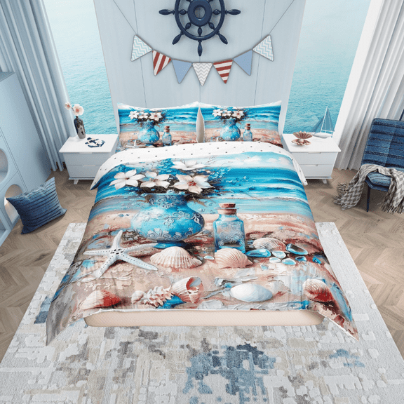 Erosebridal Summer Beach Duvet Cover Twin, Seaside Seashell Conch Starfish Bedding Sets Twin Size, Reversible 2 Pieces (No Comforter)