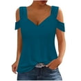 thumbnail image 6 of CLOISE Blouses for Women Dressy Casual Short Sleeve Tee Summer Loose Shirts Fashion Elegant Breathable V Neck Tops Solid Off-Shoulder Sleeves Comfortable Tunic T Shirts Blue L, 6 of 7