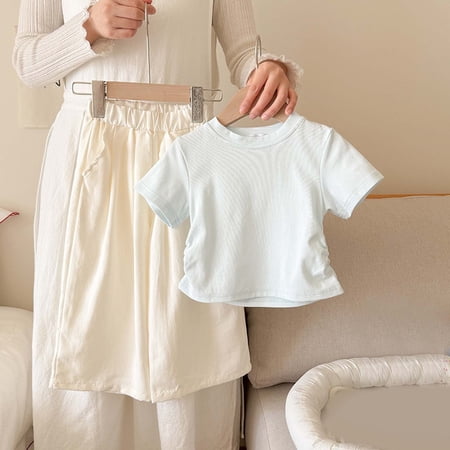 dazeni Girls Clothes 1-10 T Crewneck Short Sleeve Top and Wide Leg Pants Matching Outfit Set with Pockets Summer Toddler Cotton Outfits White 8 Years