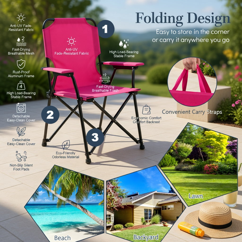 Hommoo Portable Folding Face-Down Tanning Chair with Adjustable Backrest, 3 Removable Zippered Pillows & Face Hole, Pink