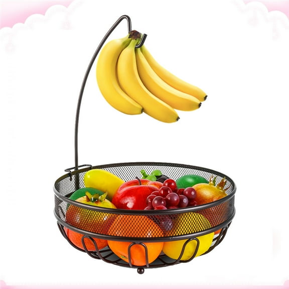 Auledio Metal Fruit Basket Holder with Banana Hanger, Freestanding Fruit Organizerfor Kitchen Countertop, Bronze