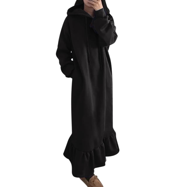 Vestido holgado de manga larga con capucha y estampado liso para mujer talla grande - Vestido informal tipo sudadera con bolsillos, primavera/otoño/invierno